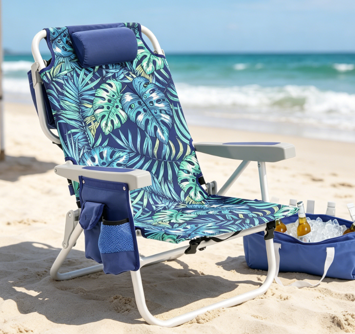 Low Profile 5 Position Reclining Backpack Chair with Cooler Bag and Cup Holder