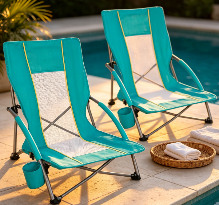 Low Profile Folding Beach Chair With Breathable Mesh And Cup Holder Image 2