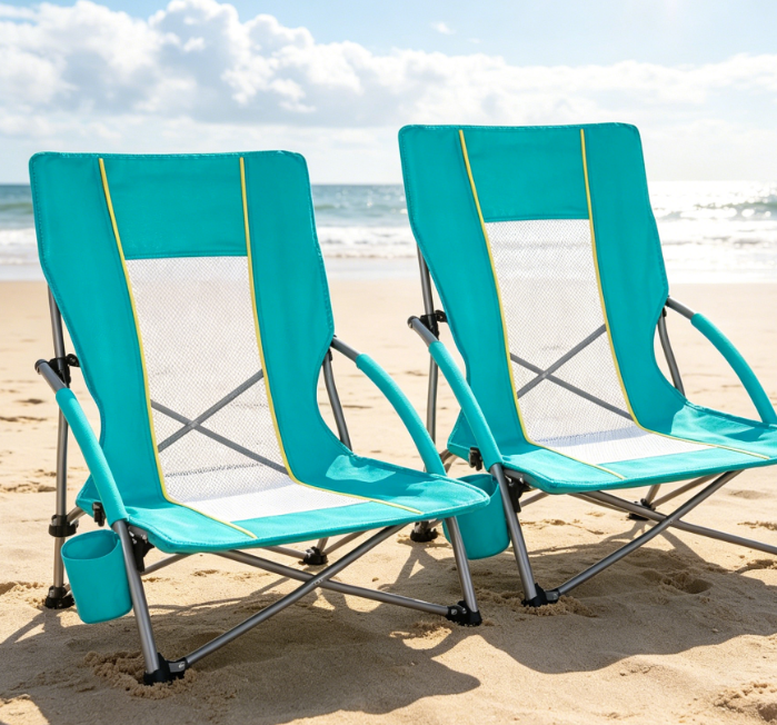 Low Profile Folding Beach Chair With Breathable Mesh And Cup Holder