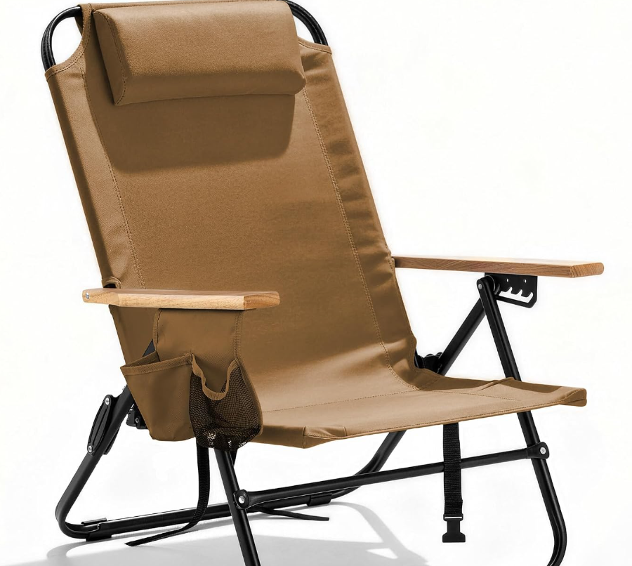 5 Position Adjustable Folding Chair With Wooden Armrests And Storage Pocket Image 2