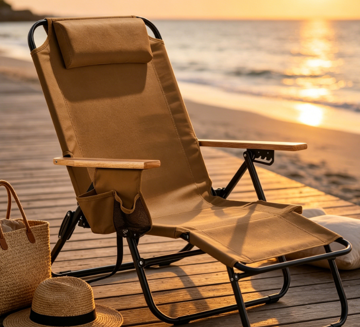 5 Position Adjustable Folding Chair With Wooden Armrests And Storage Pocket