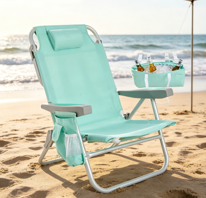 Low Profile 5 Position Reclining Backpack Chair with Cooler Bag and Cup Holder