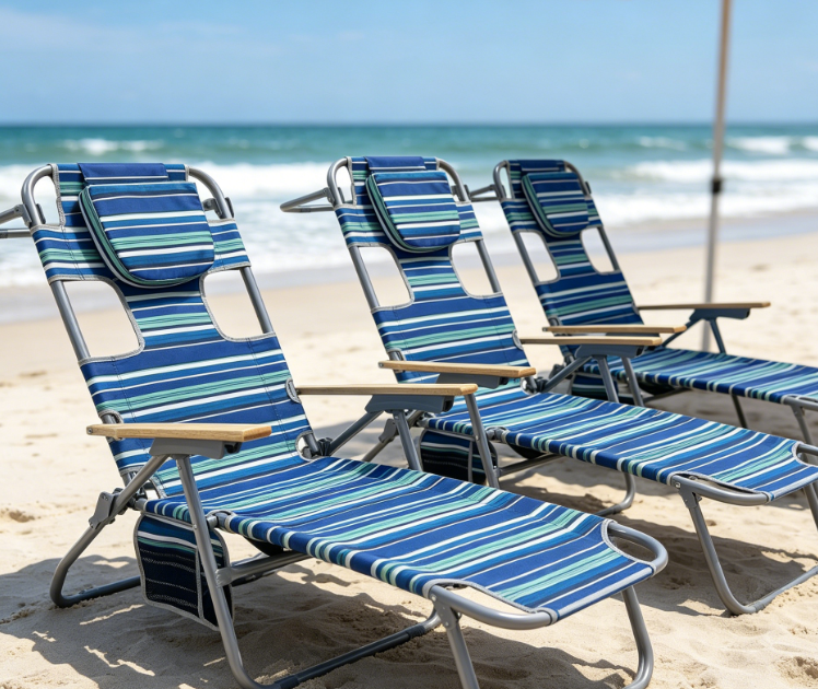 High Back Folding Beach Chair, 5 Position Adjustable With Face Opening