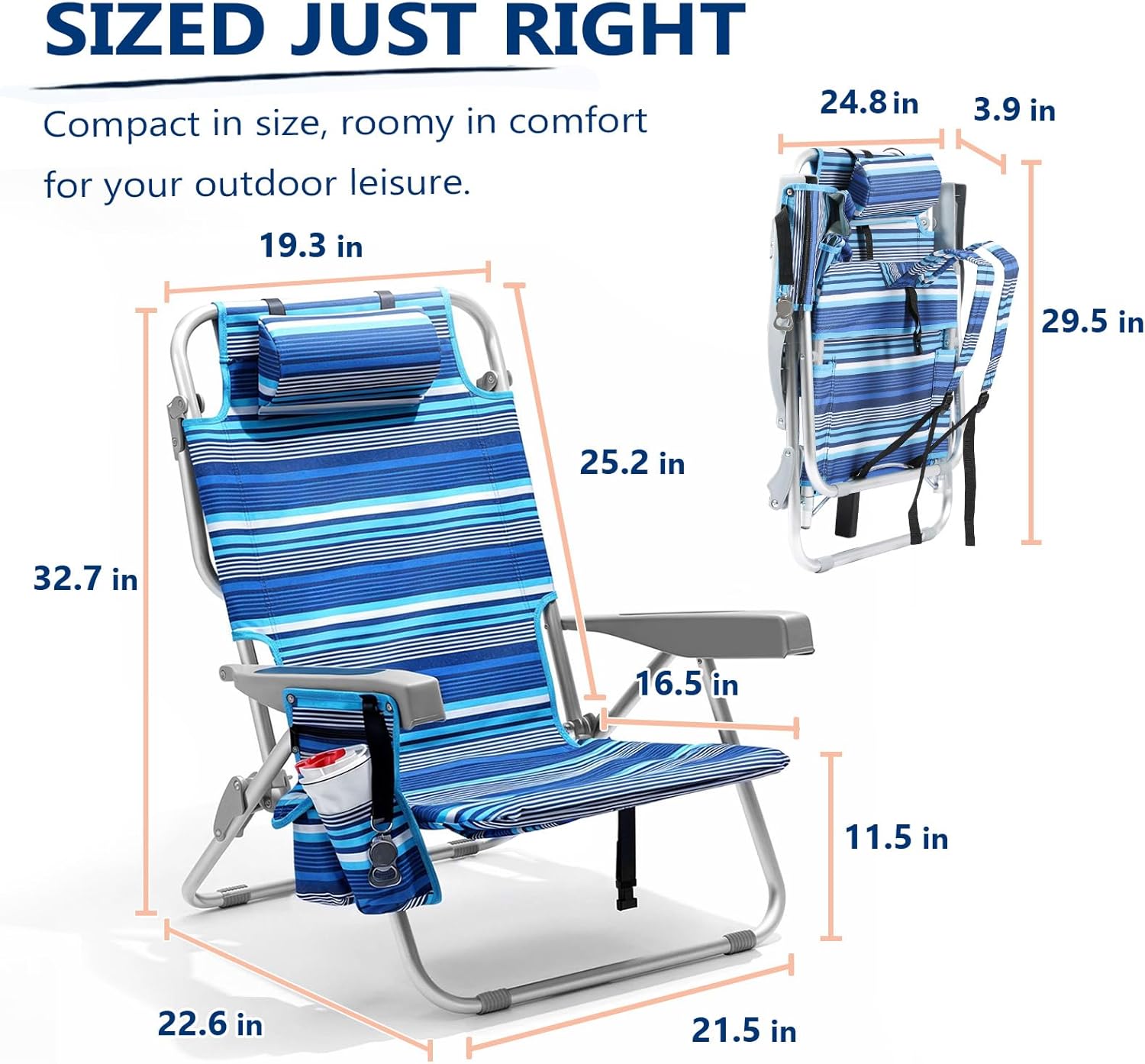5 Position Lay Flat High Back Folding Chair With Cooler Bag And Cup Holder Image 2