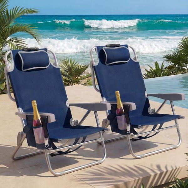 5 Position Lay Flat Backpack Chair, Navy Blue With Cup Holder