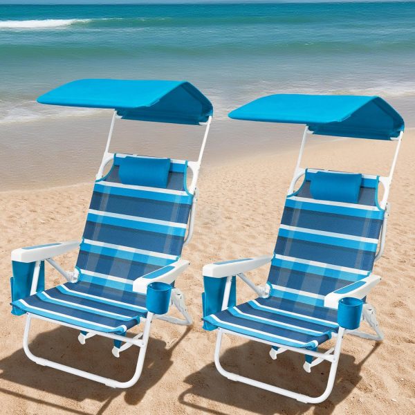5 Position Lay Flat Folding Beach Chair With Canopy